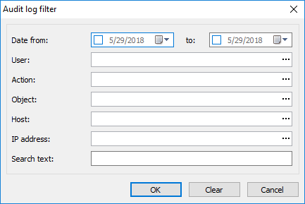 The audit log filter window