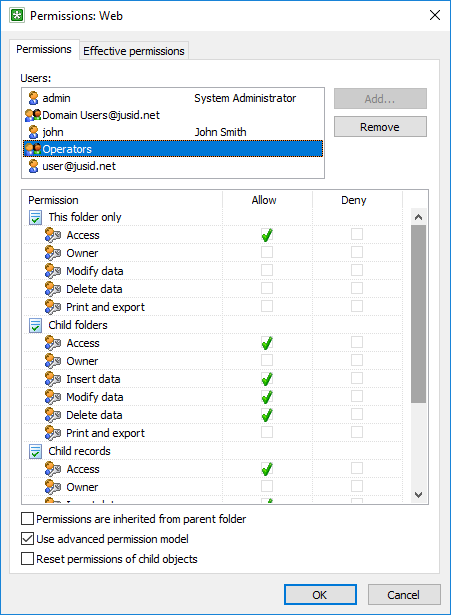 The object permissions window